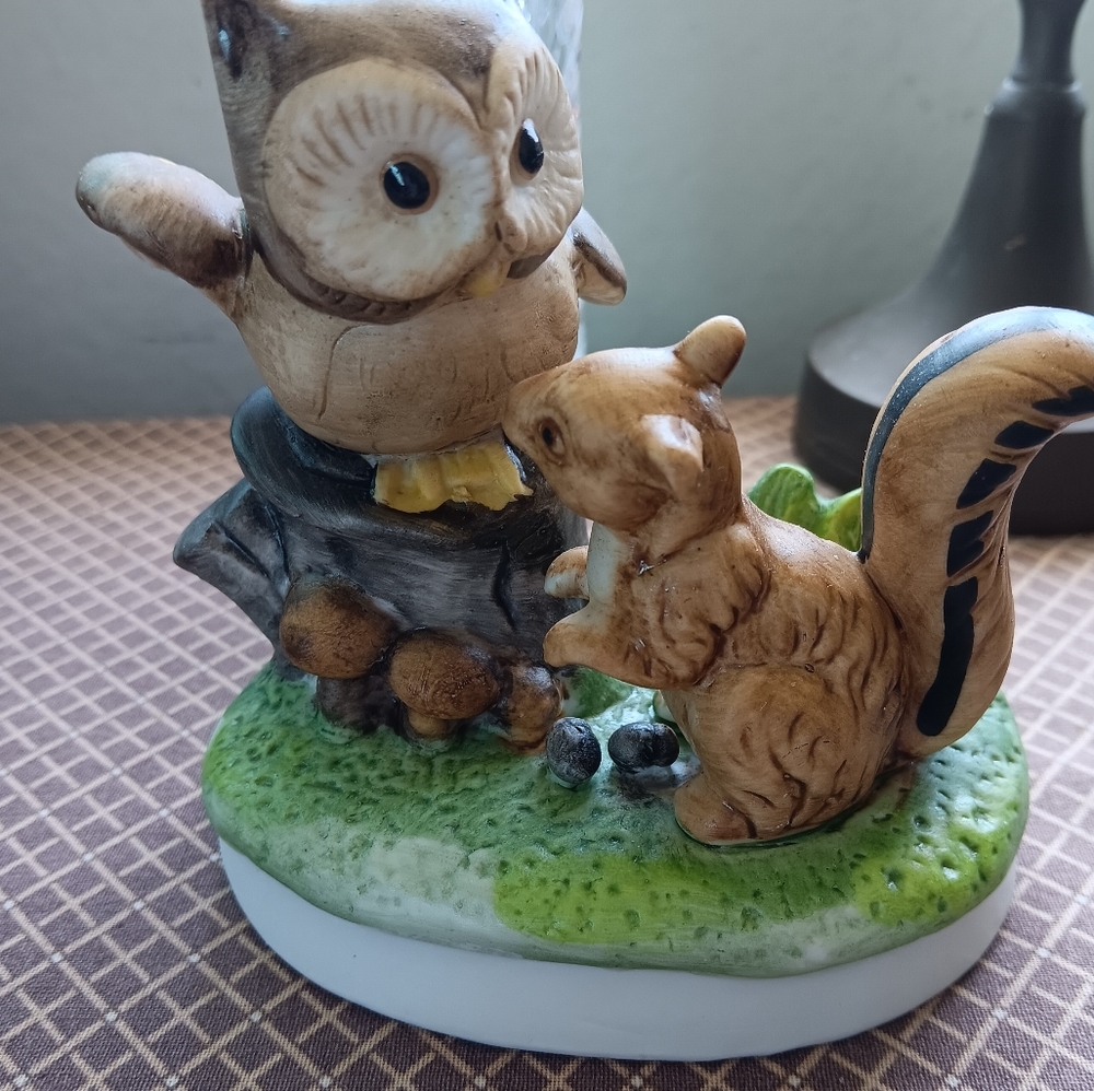 Owl W/ Squirrel & Mushrooms Figurine, Bisque, Great Condition, Vintage.